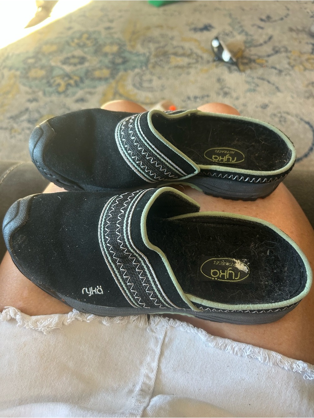 Ryka Black Slip-On Mules with Light Green Trim